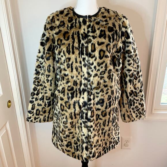 Ellos Faux Fur Animal Print Jacket In Leopard Tan Black Size 10 New - Picture 3 of 11